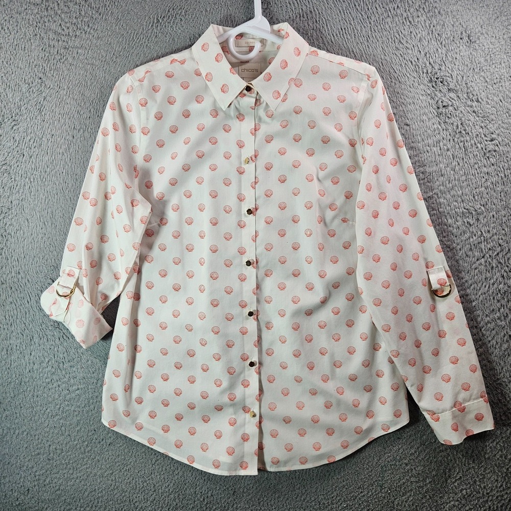 Chico's Shirt Women Size 0 Gold Button Seashellβ Print Roll Tab White